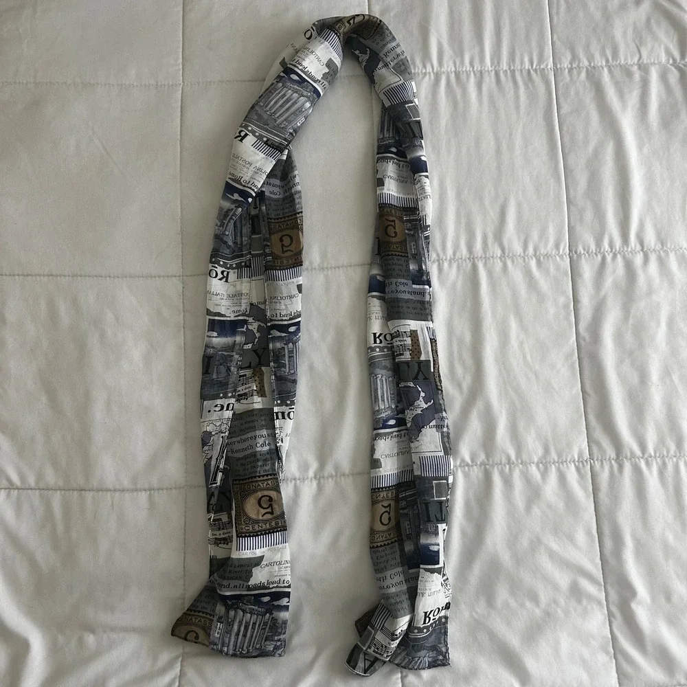 Kenneth Cole New York Silk Scarf Rome Italy Travel Map‎ Print Grey Blue USA Made